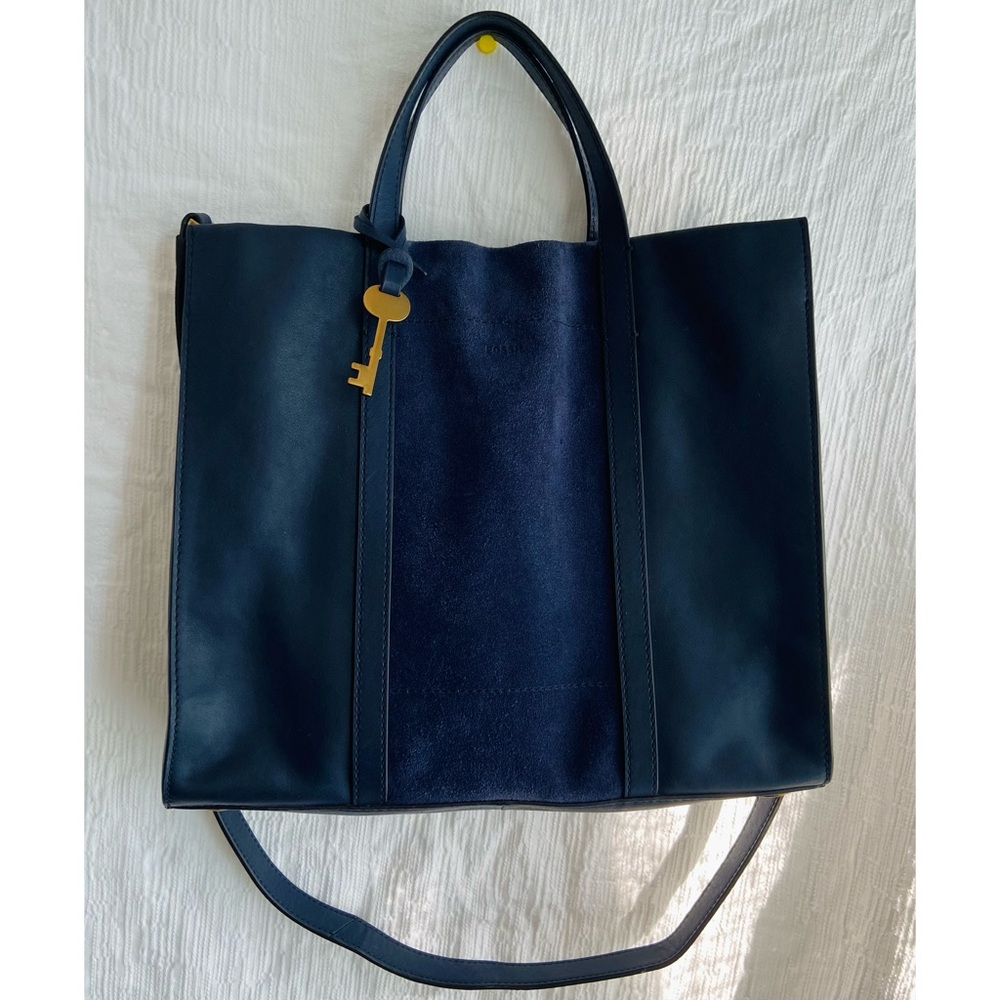 Fossil Carmen Navy Blue Leather and Suede Tote Bag